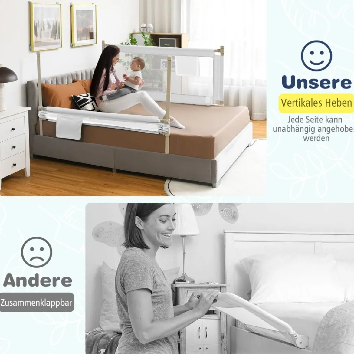 Bettschutzgitter Abschließbar Bettgitter Sicherheitsschiene für Baby 145 x 25 x 101,5 cm Weiß