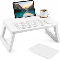 Betttablett mit Klappbaren Beinen & Tablet-schlitz Frühstückstisch zum Essen & Lesen Weiß