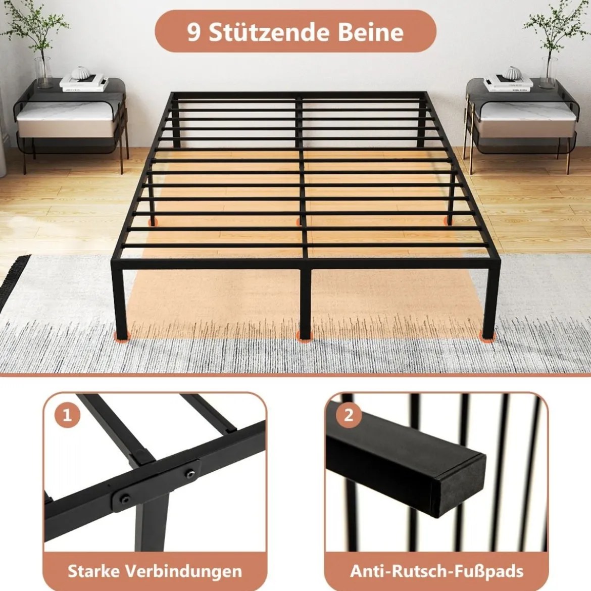 Bett 160 x 200 cm Bettgestell aus Metall Bettrahmen Metallbett Doppelbett Schwarz
