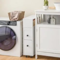 Beweglicher Badezimmerschrank mit 2 ausziehbaren Schubladen & Bürstenhalter für kleine Räume Weiß/Schwarz