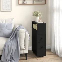 Beweglicher Badezimmerschrank mit 2 ausziehbaren Schubladen & Bürstenhalter für kleine Räume Weiß/Schwarz