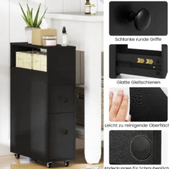 Beweglicher Badezimmerschrank mit 2 ausziehbaren Schubladen & Bürstenhalter für kleine Räume Weiß/Schwarz