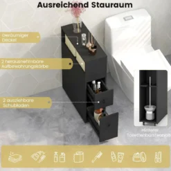 Beweglicher Badezimmerschrank mit 2 ausziehbaren Schubladen & Bürstenhalter für kleine Räume Weiß/Schwarz