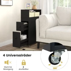 Beweglicher Badezimmerschrank mit 2 ausziehbaren Schubladen & Bürstenhalter für kleine Räume Weiß/Schwarz