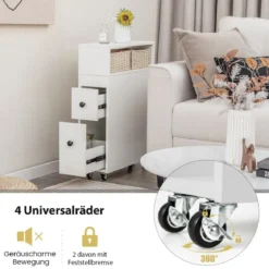 Beweglicher Badezimmerschrank mit 2 ausziehbaren Schubladen & Bürstenhalter für kleine Räume Weiß/Schwarz