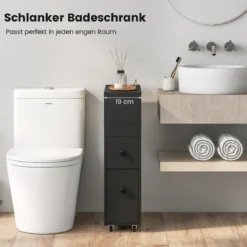 Beweglicher Badezimmerschrank mit 2 ausziehbaren Schubladen & Bürstenhalter für kleine Räume Weiß/Schwarz