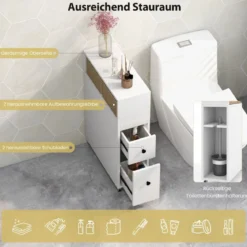 Beweglicher Badezimmerschrank mit 2 ausziehbaren Schubladen & Bürstenhalter für kleine Räume Weiß/Schwarz