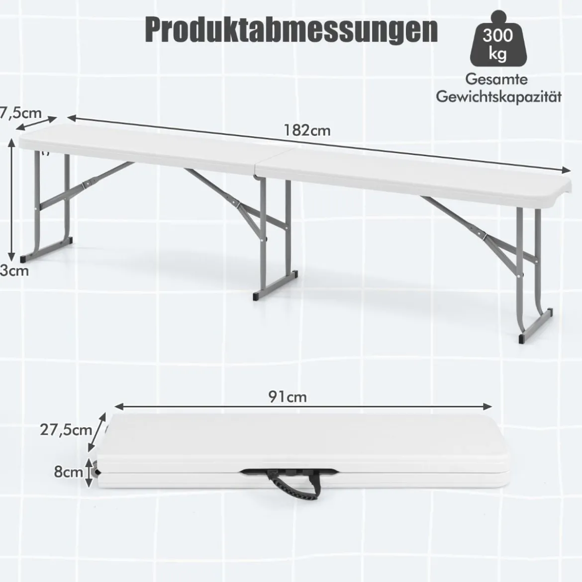 Bierbank klappbar 182 x 27,5 x 43 cm Klappbank aus Kunststoff Bierzeltbank mit Tragegriff Weiß
