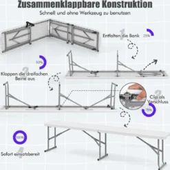Bierbank klappbar 182 x 27,5 x 43 cm Klappbank aus Kunststoff Bierzeltbank mit Tragegriff Weiß