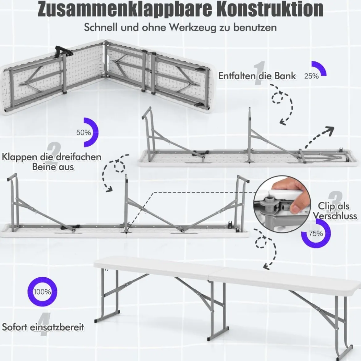 Bierbank klappbar 182 x 27,5 x 43 cm Klappbank aus Kunststoff Bierzeltbank mit Tragegriff Weiß