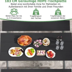 Bierzeltgarnitur mit Wetterfester HDPE-Tischplatte & Schirmloch Biertischgarnitur 183 cm Schwarz