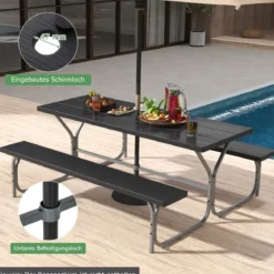 Bierzeltgarnitur mit Wetterfester HDPE-Tischplatte & Schirmloch Biertischgarnitur 183 cm Schwarz