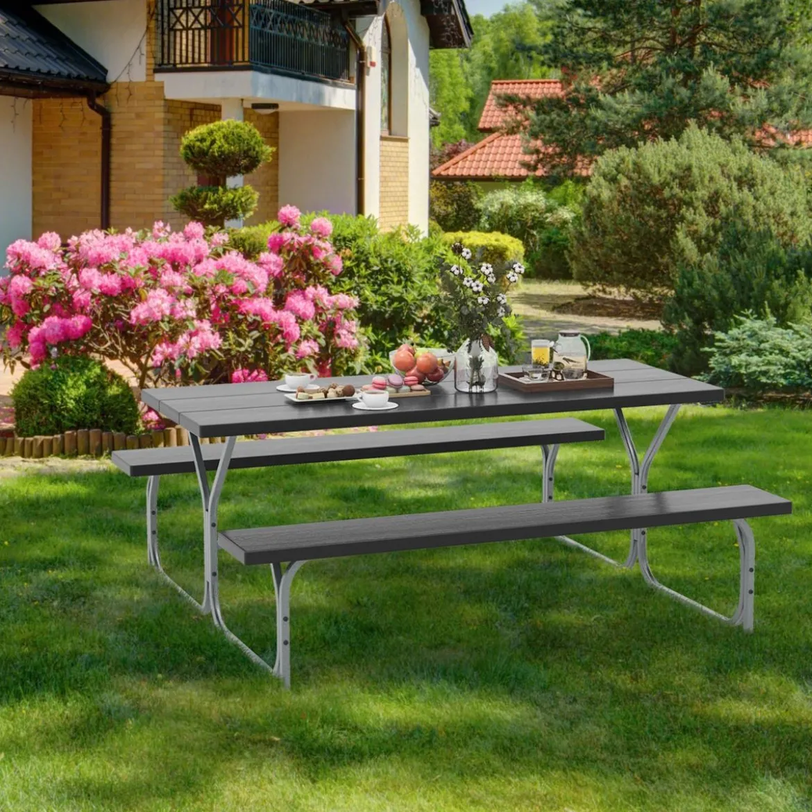 Bierzeltgarnitur mit Wetterfester HDPE-Tischplatte & Schirmloch Biertischgarnitur 183 cm Schwarz