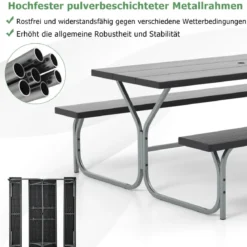 Bierzeltgarnitur mit Wetterfester HDPE-Tischplatte & Schirmloch Biertischgarnitur 183 cm Schwarz