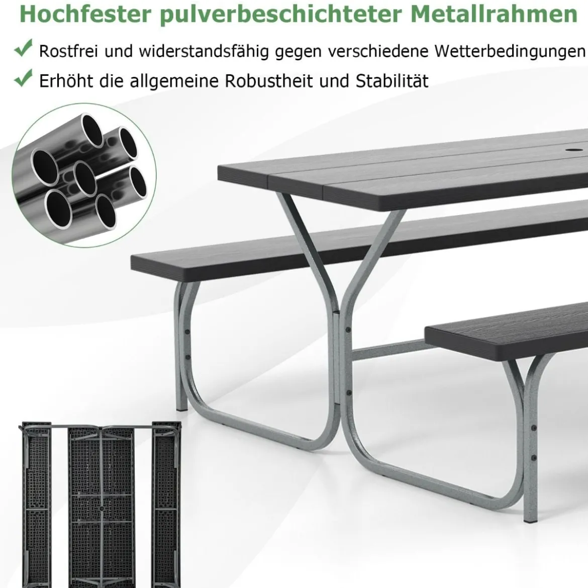 Bierzeltgarnitur mit Wetterfester HDPE-Tischplatte & Schirmloch Biertischgarnitur 183 cm Schwarz