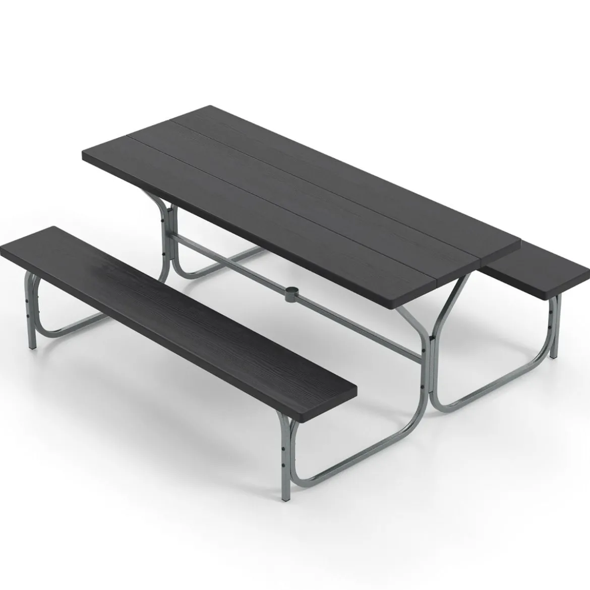 Bierzeltgarnitur mit Wetterfester HDPE-Tischplatte & Schirmloch Biertischgarnitur 183 cm Schwarz