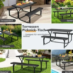 Bierzeltgarnitur Picknicktisch & 2 Sitzbänke mit Metallrahmen Schwarz