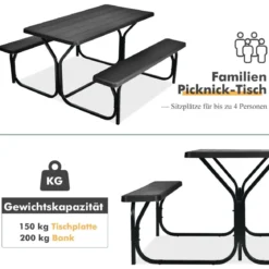 Bierzeltgarnitur Picknicktisch & 2 Sitzbänke mit Metallrahmen Schwarz