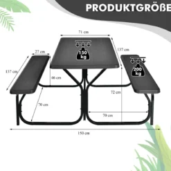 Bierzeltgarnitur Picknicktisch & 2 Sitzbänke mit Metallrahmen Schwarz