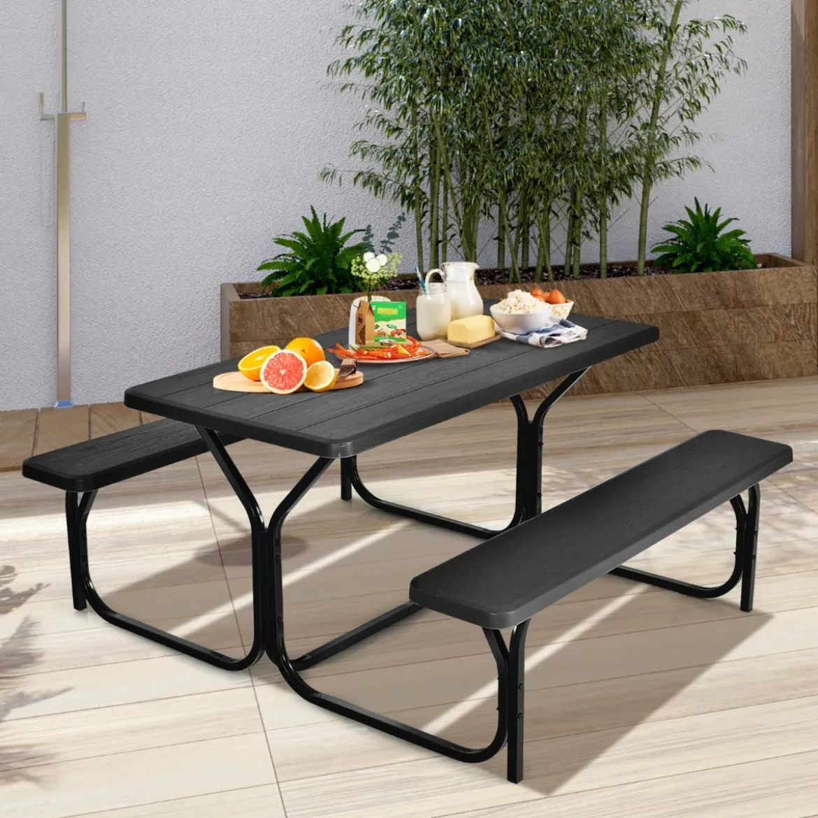 Bierzeltgarnitur Picknicktisch & 2 Sitzbänke mit Metallrahmen Schwarz