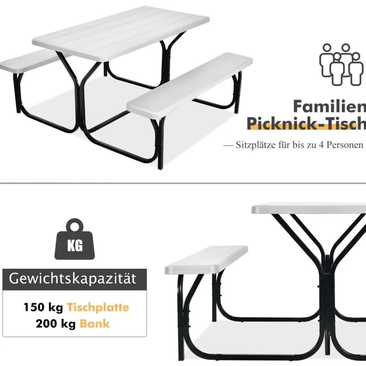 Bierzeltgarnitur Picknicktisch & 2 Sitzbänke mit Metallrahmen Weiß