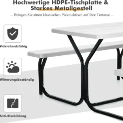 Bierzeltgarnitur Picknicktisch & 2 Sitzbänke mit Metallrahmen Weiß