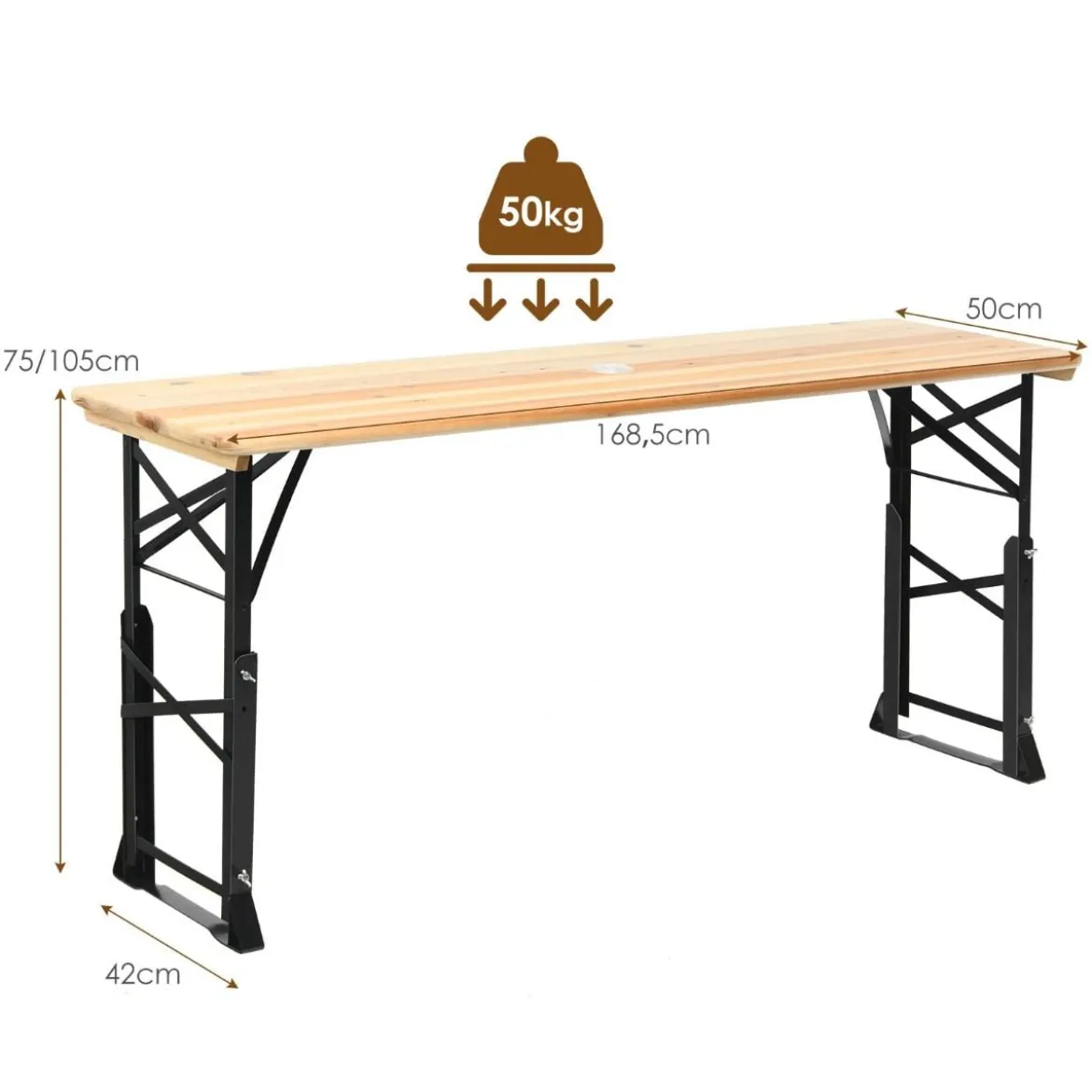 Bierzelttisch höhenverstellbar klappbarer Biertisch mit Schirmloch 168,5 x 50 x 75 cm/105 cm Natur
