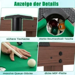 Billardtisch aus Holz mit 2 Queues 2 Kreiden & Dreieck & Bürste Billlard Tisch Tischbillard