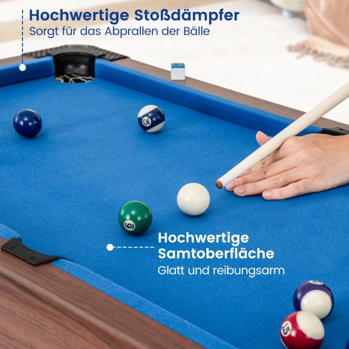 Billardtisch aus Holz mit 2 Queues 2 Kreiden & Dreieck & Bürste Billlard Tisch Tischbillard