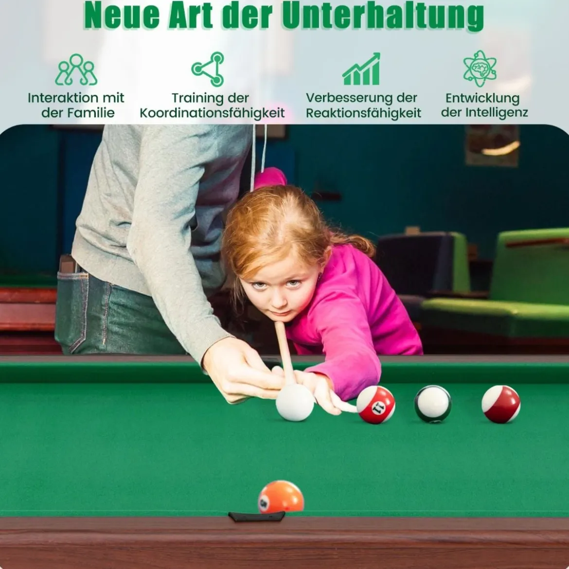 Billardtisch aus Holz mit 2 Queues 2 Kreiden & Dreieck & Bürste Billlard Tisch Tischbillard