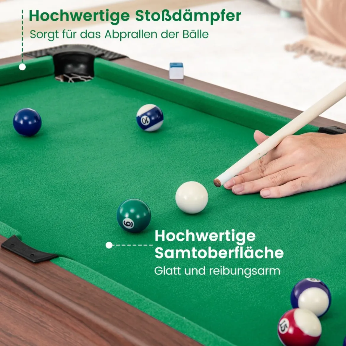 Billardtisch aus Holz mit 2 Queues 2 Kreiden & Dreieck & Bürste Billlard Tisch Tischbillard