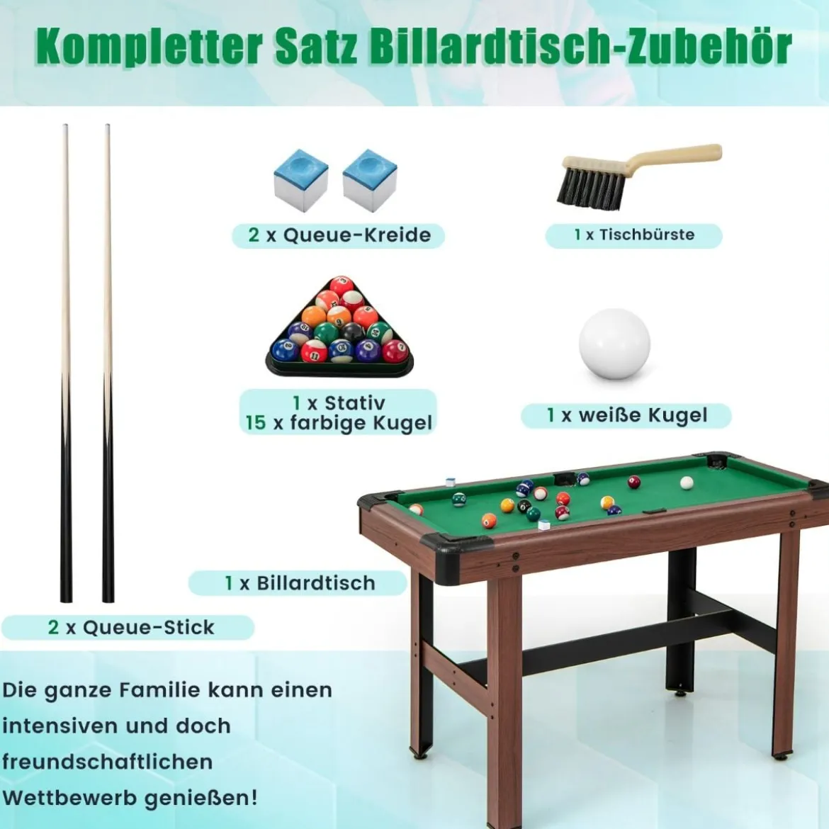 Billardtisch aus Holz mit 2 Queues 2 Kreiden & Dreieck & Bürste Billlard Tisch Tischbillard