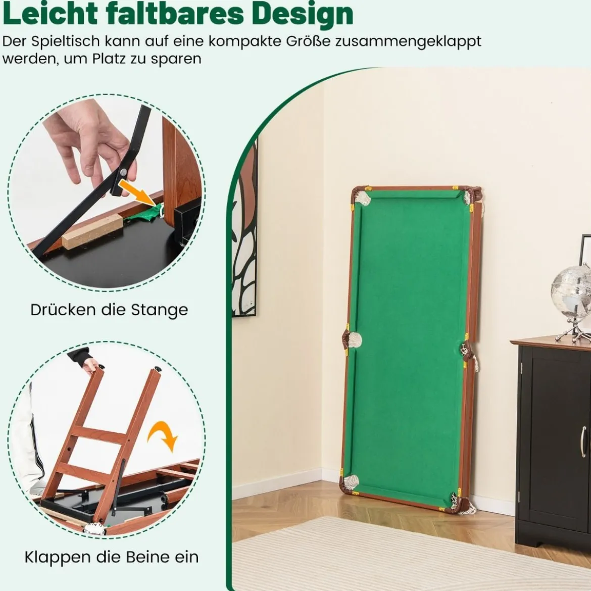 Billardtisch Klappbar Billiard Tisch inkl. 2 Queues 16 Billard 2 Kreiden 138 x 67 x 79,5 cm