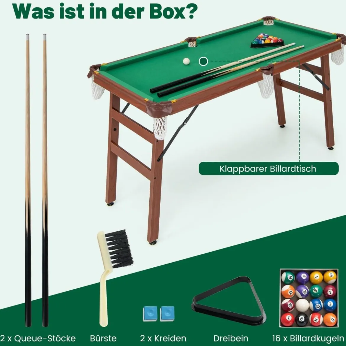 Billardtisch Klappbar Billiard Tisch inkl. 2 Queues 16 Billard 2 Kreiden 138 x 67 x 79,5 cm