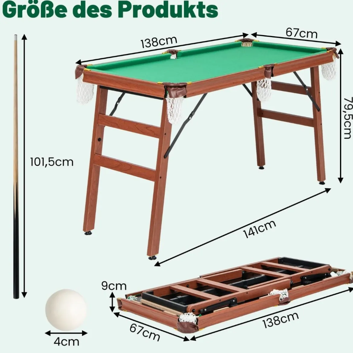Billardtisch Klappbar Billiard Tisch inkl. 2 Queues 16 Billard 2 Kreiden 138 x 67 x 79,5 cm