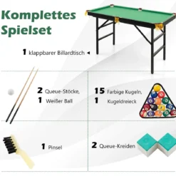 Billardtisch klappbar Billiard Tisch mit Zubehörset Pooltisch mit 2 Queues 2 Kreiden Dreieck & Bürste 122 x 64 x 78 cm Grün