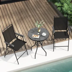 Bistrotisch mit 2 Klappbaren Stühlen & Schirmloch 3-tlg. Outdoor Barhocker Set Balkonmöbel