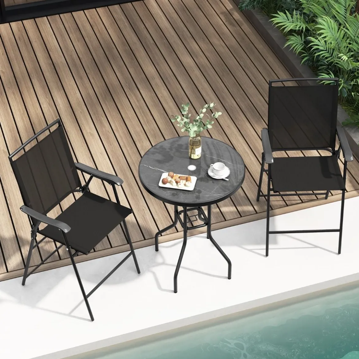 Bistrotisch mit 2 Klappbaren Stühlen & Schirmloch 3-tlg. Outdoor Barhocker Set Balkonmöbel