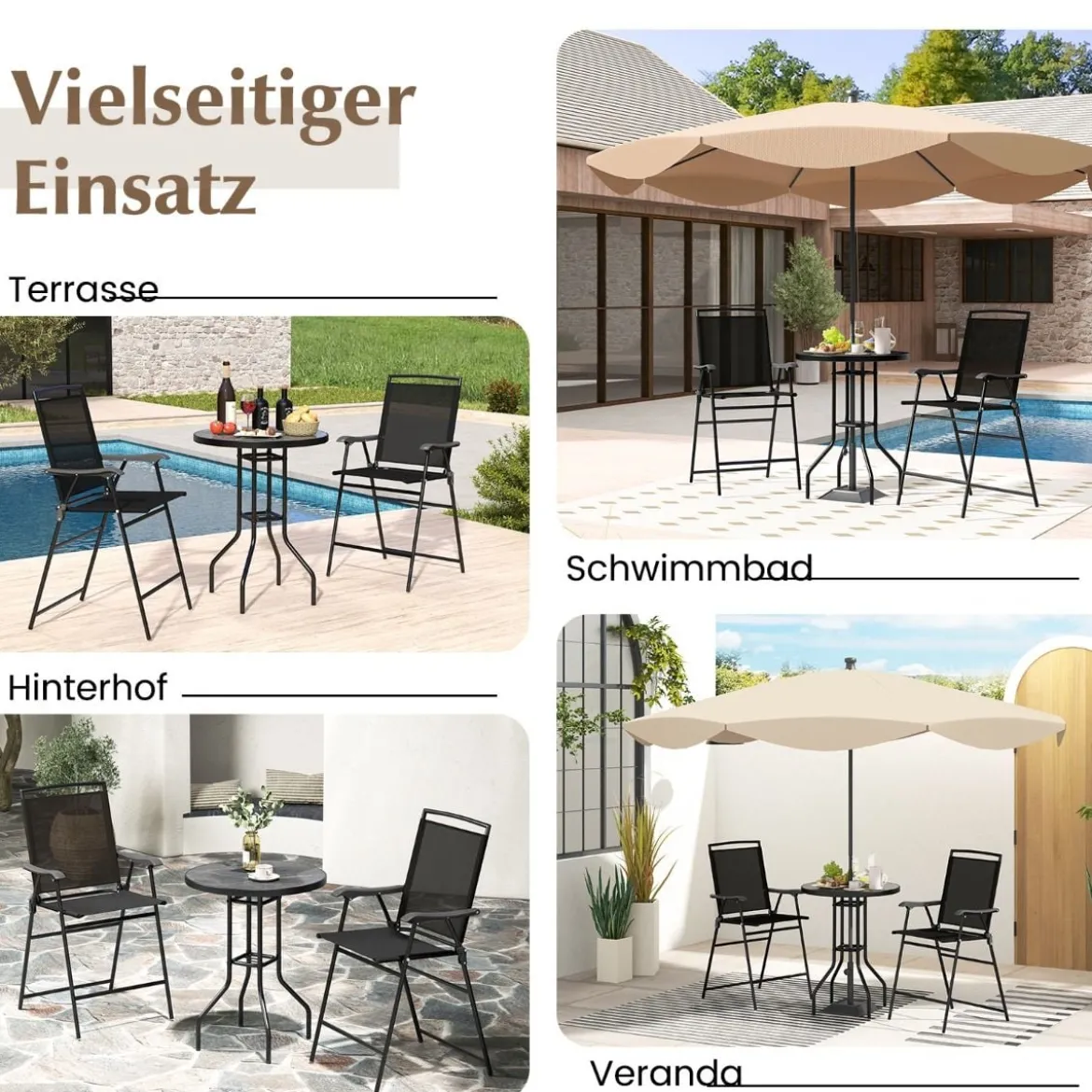 Bistrotisch mit 2 Klappbaren Stühlen & Schirmloch 3-tlg. Outdoor Barhocker Set Balkonmöbel