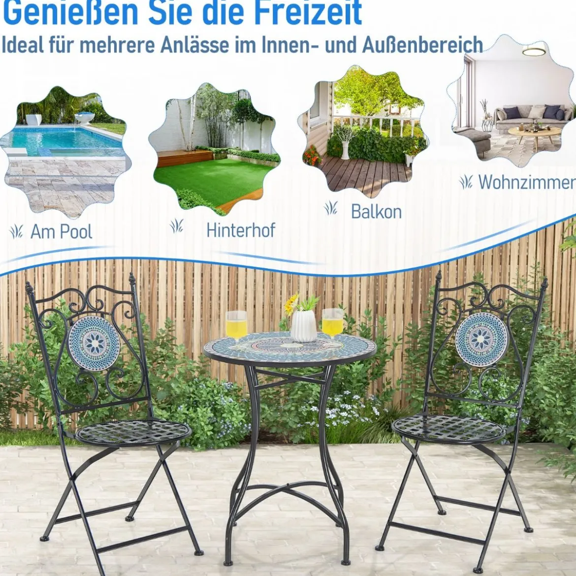 Bistrotisch mit 2 Stühlen Mosaik Bistroset klappbar 3-teiliges Balkonset Blau