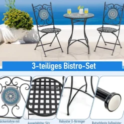 Bistrotisch mit 2 Stühlen Mosaik Bistroset klappbar 3-teiliges Balkonset Blau