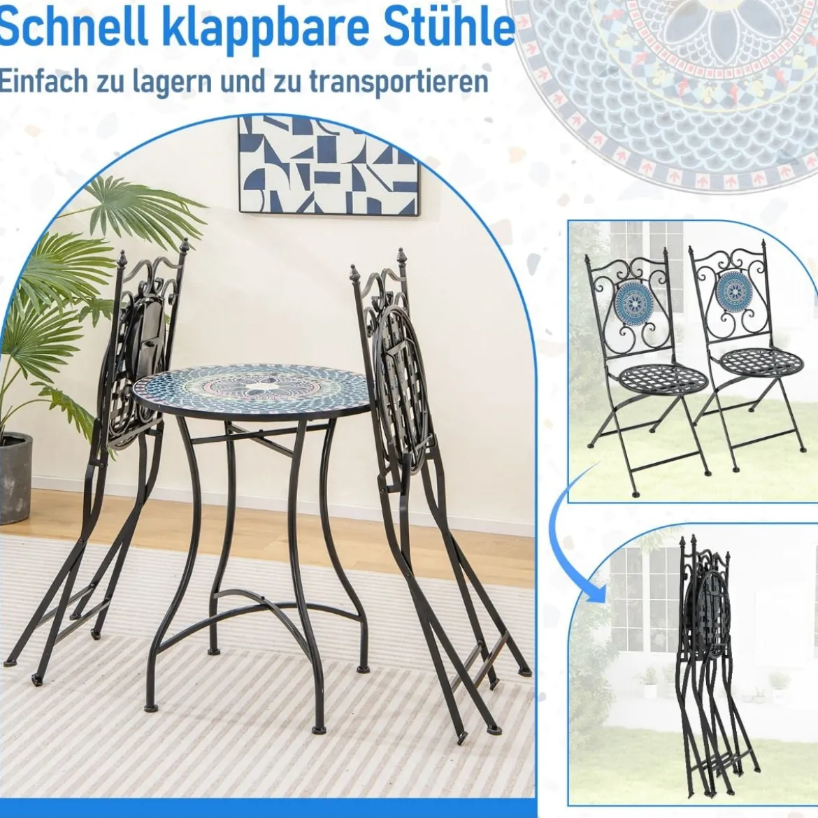 Bistrotisch mit 2 Stühlen Mosaik Bistroset klappbar 3-teiliges Balkonset Blau