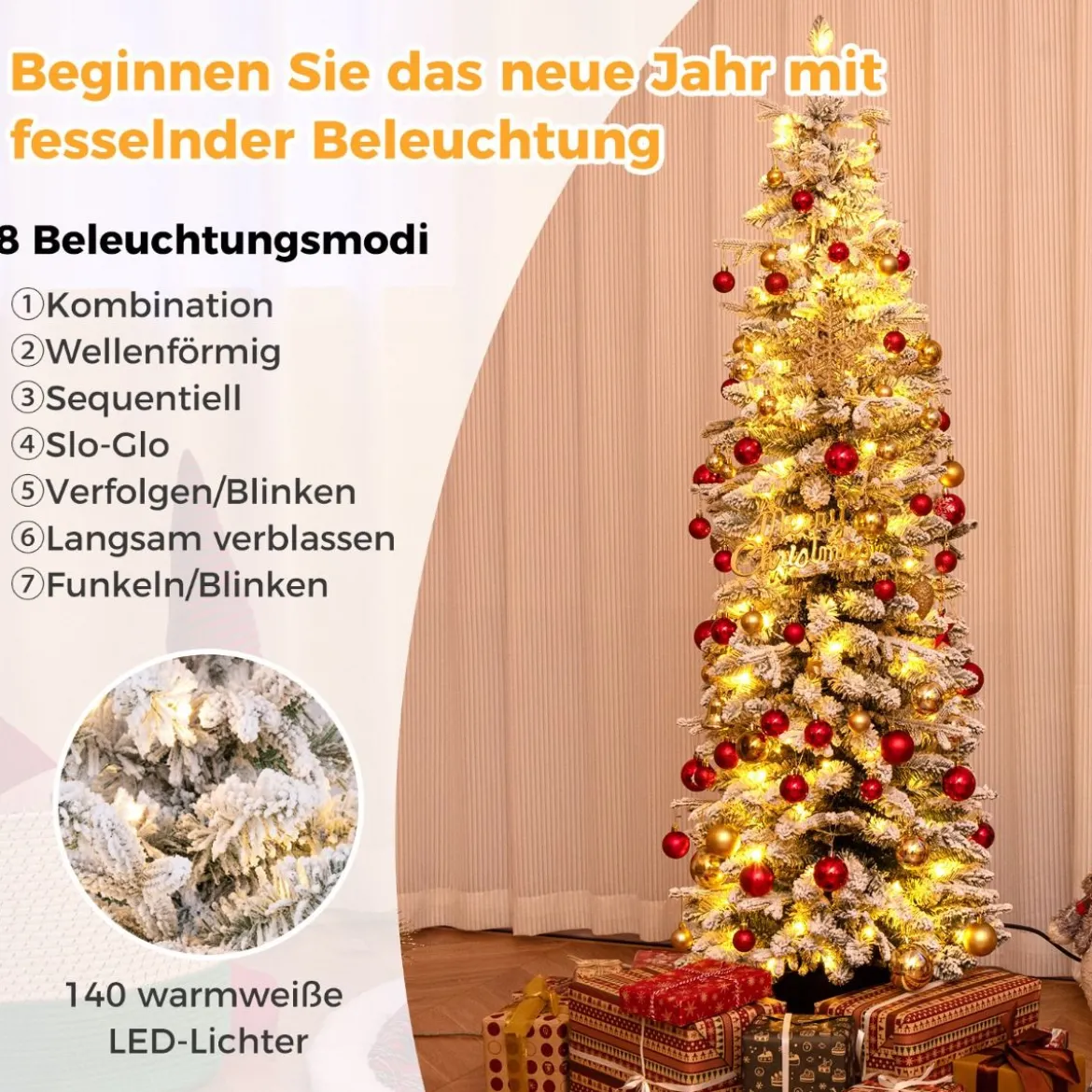 Bleistift Weihnachtsbaum mit Schnee Tannenbaum künstlich mit Beleuchtung 180 cm