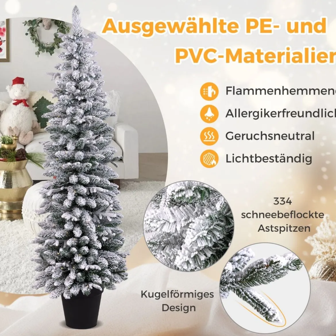 Bleistift Weihnachtsbaum mit Schnee Tannenbaum künstlich mit Beleuchtung 180 cm
