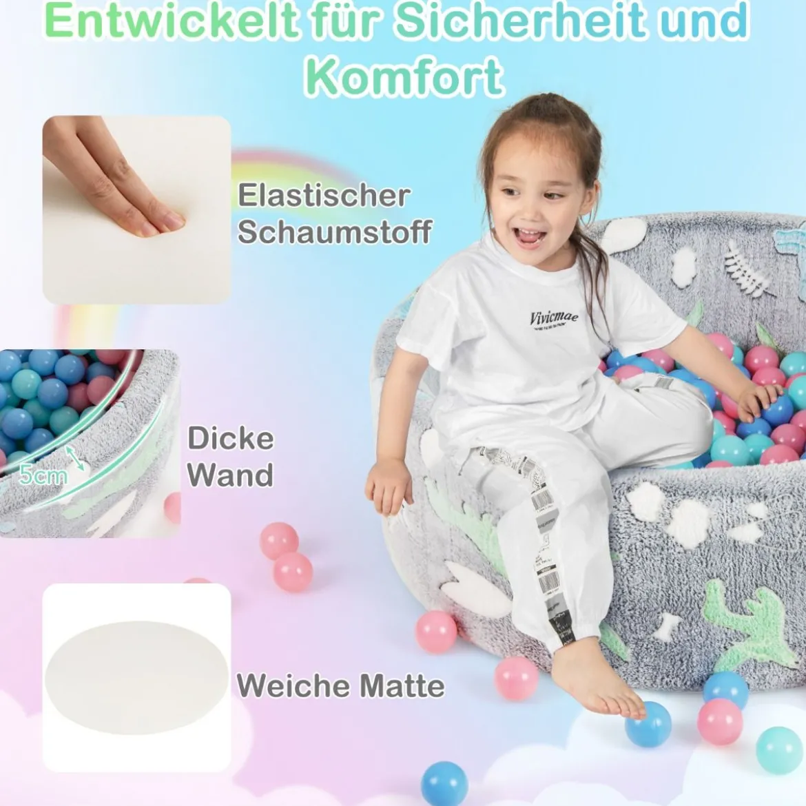 Bällebad für Babys mit Abnehmbarem Bezug im Dunkeln Leuchtendes Rundes Spielbecken
