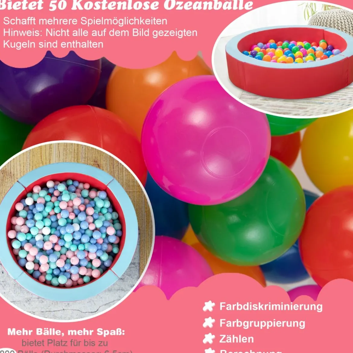 Bällebad mit 50 Ozeanbällen 113 x 113 x 26 cm rundes Ballbecken aus Schaumstoff Rot