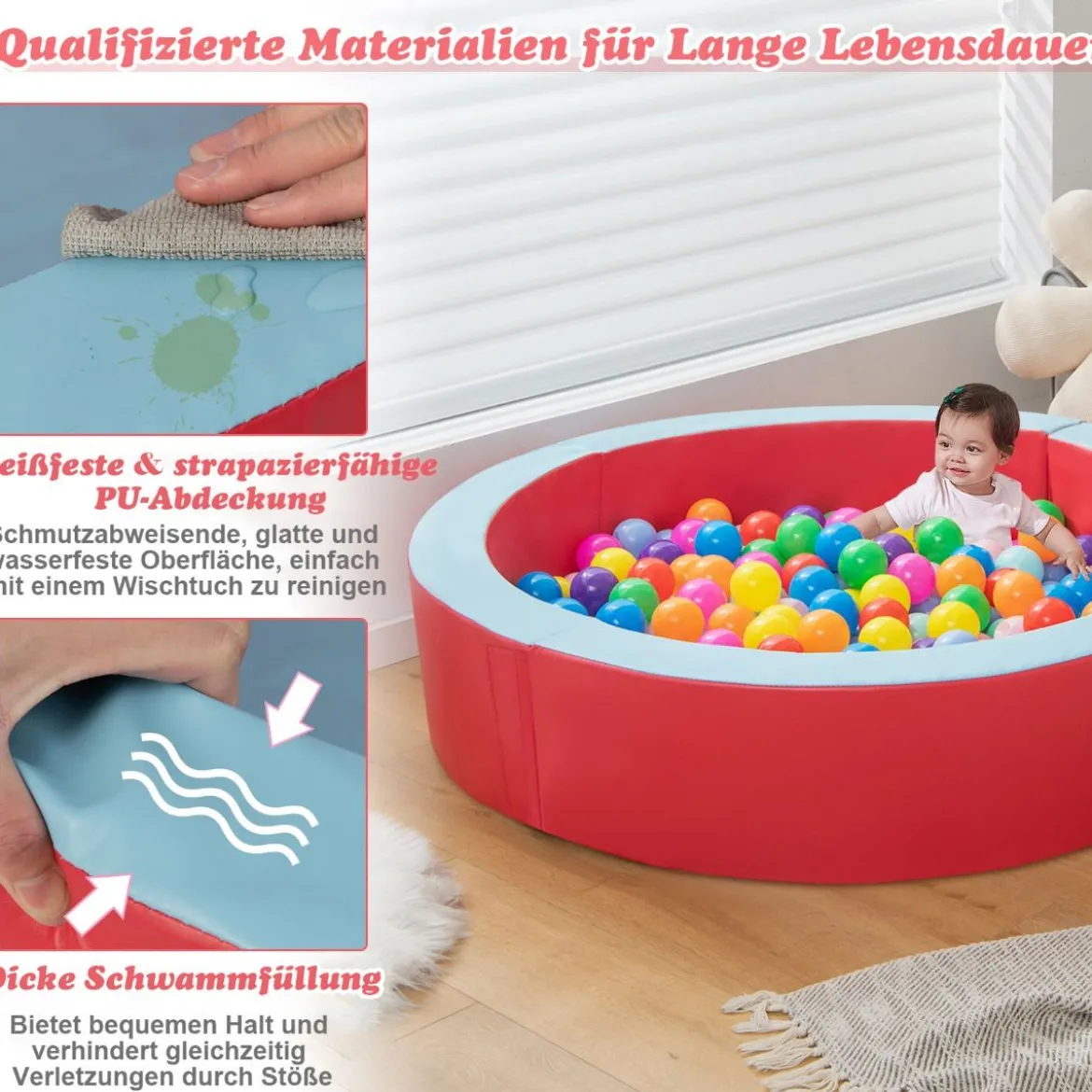 Bällebad mit 50 Ozeanbällen 113 x 113 x 26 cm rundes Ballbecken aus Schaumstoff Rot