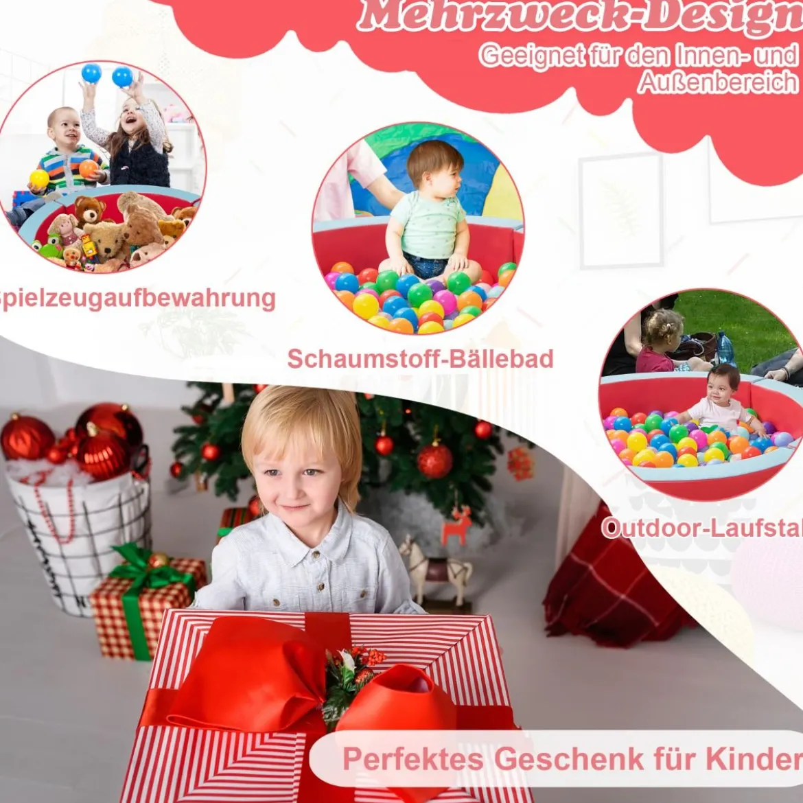 Bällebad mit 50 Ozeanbällen 113 x 113 x 26 cm rundes Ballbecken aus Schaumstoff Rot