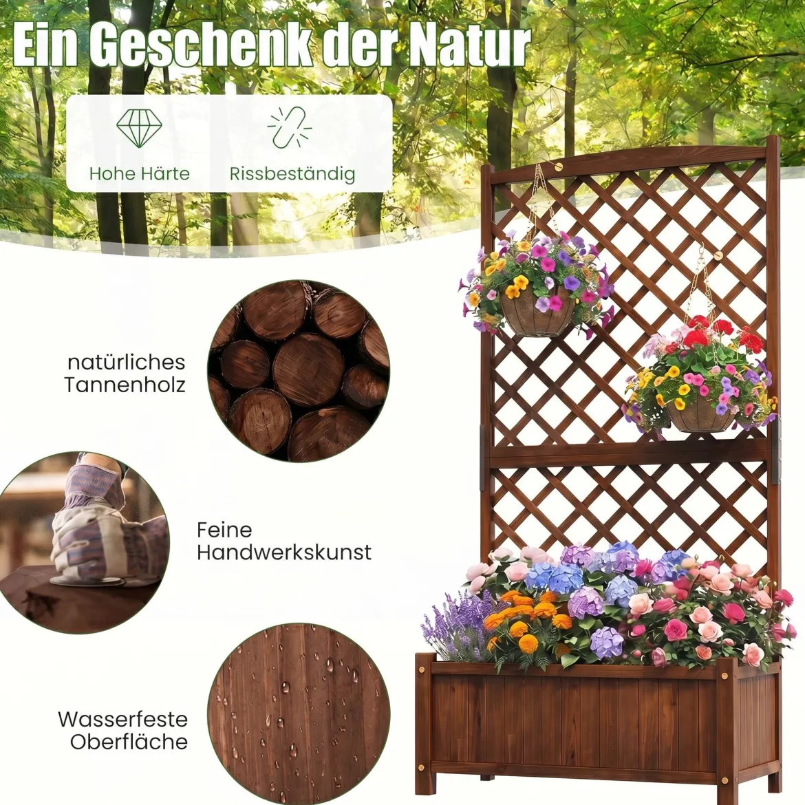 Blumenkasten Hochbeet aus Tannenholz Pflanzkasten mit Rankgitter für Kletterpflanzen