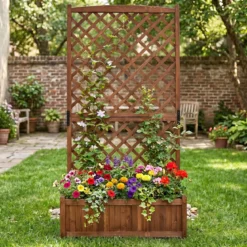 Blumenkasten Hochbeet aus Tannenholz Pflanzkasten mit Rankgitter für Kletterpflanzen